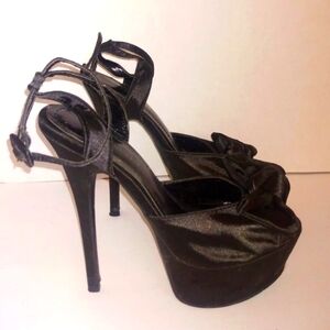 Black Satin Platform Heels with Bow and ankle strap